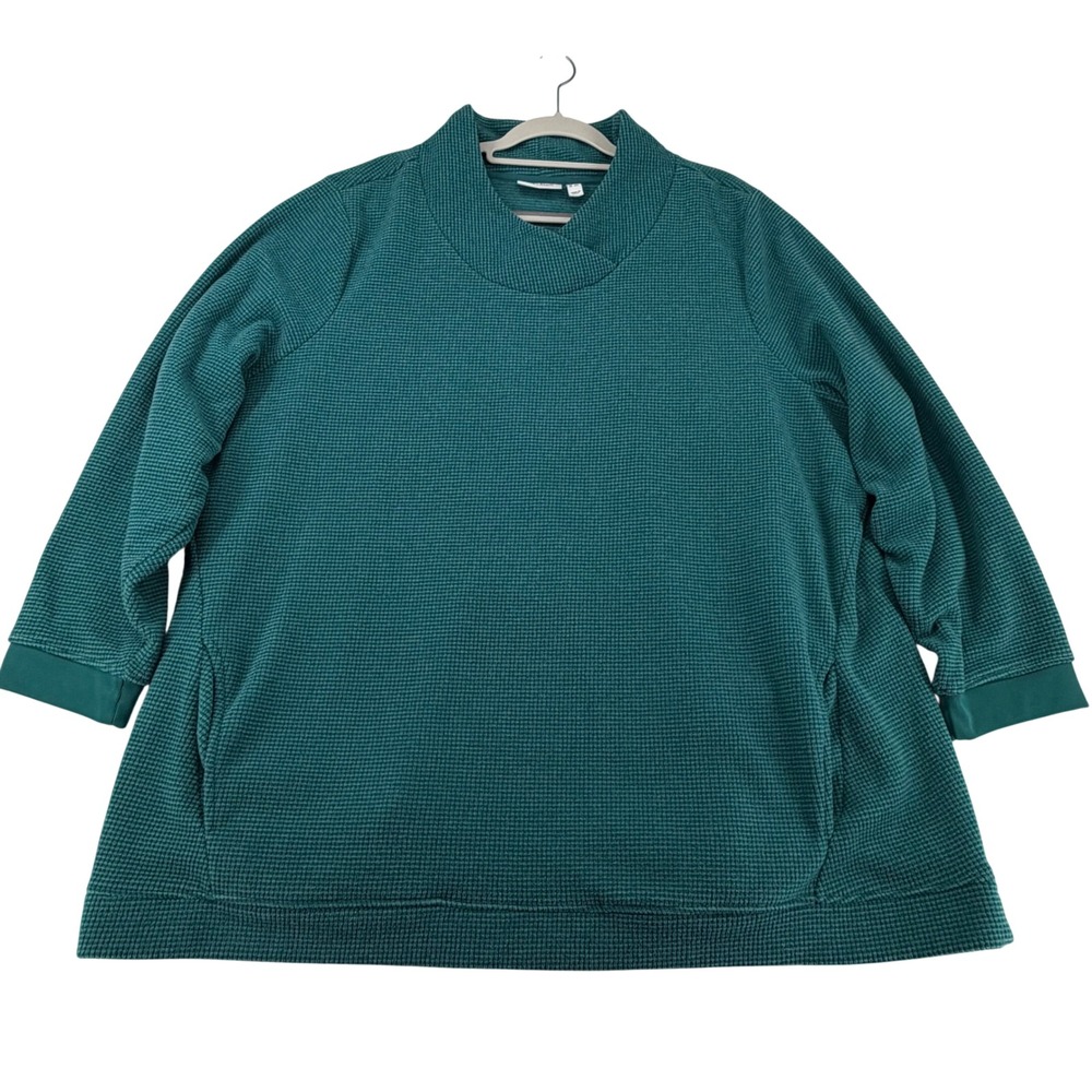 Denim & Co Waffle Knit Tunic Top Womens Plus Size 3X Teal Mock Neck Pockets